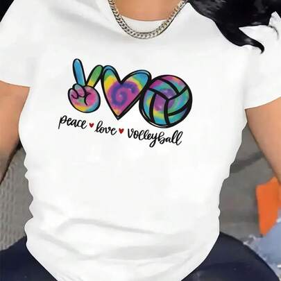 Black and White  Volleyball Love Peace Design T-Shirt for Sports Lovers – Ideal Gym Wear, Lightweight and Durable Fabric for Outdoor Activities, Comfortable Fit for Daily Use with a Fashionable Pattern – Suitable for Women, Local Warehouse Shipping, Soft Comfortable  with Discounts Perfect for Easter, Halloween, Thanksgiving, Christmas, and More