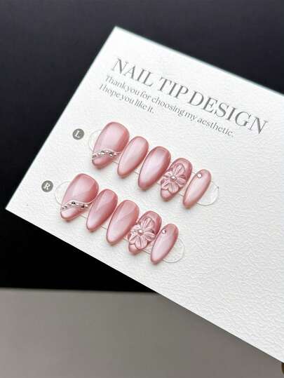 10 Pieces Of Purely Handmade Press-On Nail Tips, Short Almond-Shaped Nails With Push-On Fake Nails, In A Fresh And Cute Style, Featuring Hand-Painted Light Pink Firework Cat-Eye Designs, Along With Manually Painted Three-Dimensional Flowers And Irregular Line Patterns. These Are High-End Nail Art Artificial Nail Tips Suitable For Daily Wear By Ladies And Girls, And Come With A Nail Kit.