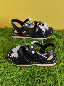 1 Pair Girls' Shiny Butterfly Decor Fashion Sandals, Comfortable Breathable Flat Sandals Suitable For Outdoor, Travel, Spring/Summer - Black - View 6