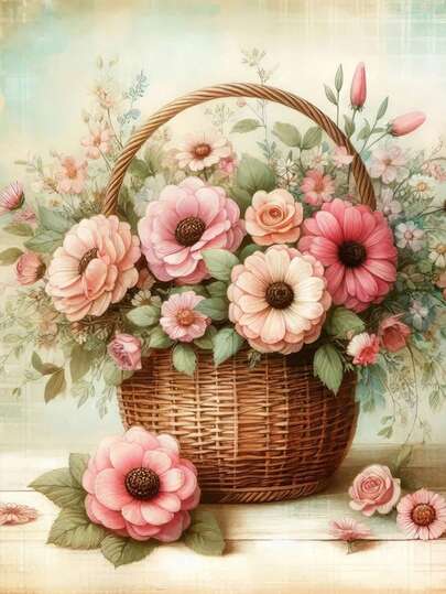 1 bức tranh đính đá DIY - Hoa, Hoa hồng, Giỏ hoa, Trang trí nhà cửa, Đính đá toàn bộ, 30*40cm/40x50cm