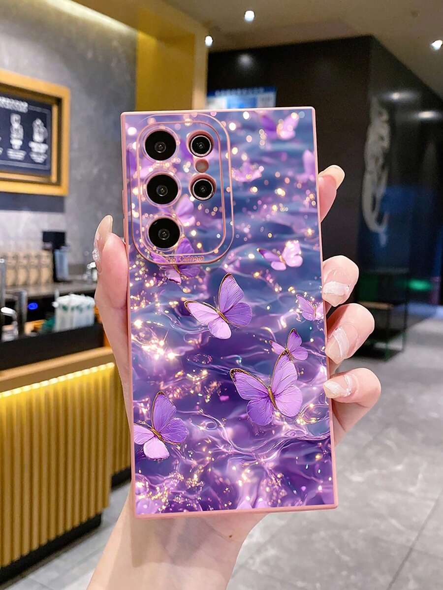 1个紫色波浪蝴蝶防震手机壳，UV印刷，兼容/Galaxy，国际版，非国内版 - 粉色 - 查看 1