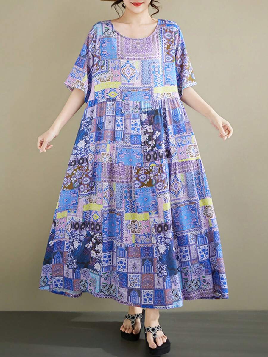 AZAH 2026夏季大尺碼女款波希米亞風藍色花卉印花短袖飄逸長洋裝,附口袋休閒針織面料長洋裝 - 藍色 - 查看 1