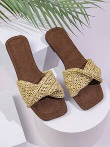 1 Pair Women's Khaki Square Toe Casual Vacation Comfortable Versatile Flat Sandals - Khaki - View 2