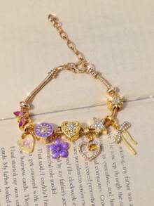 1pc Purple Sakura Sunflower Charm Bracelet, 1pc Heart HOPE Slogan Bow Bracelet, 1pc Starfish Butterfly Animal Bracelet, 1pc Heart Cross Bracelet - Gold - View 4