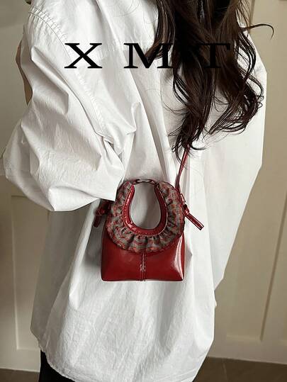 迷你格纹褶裥下摆手提包，休闲简约大容量轻便多功能女士腋下/肩背包