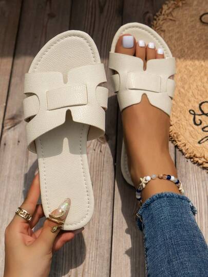 Korean Style Casual Flat Slippers, Women's Shoes, Open Toe Sandals For Spring, Summer, Suitable For Dresses, Beach, Apartment, Brown Color