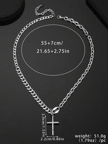 1pc Stainless Steel Curved Cross Pendant Detachable Chain Necklace, Fashionable & Personalized DIY For Men - Silver - View 4