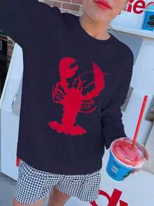 2025 Autumn/Winter New Women's Fashion Casual Vintage Contrast Color Lobster Jacquard Knit Pullover Graphic Sweater, Women Animal Print Basic Tops, Going Out Tops, Fall Women Clothes, Christmas Clothes, Korean Style - 藏蓝色 - 查看 3