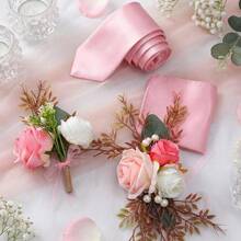 Pcs Rose Corsage And Boutonniere Set Ties And Pocket Square For Men Wristlet Band Bracelet Wedding Accessories - 粉色 - 查看 4