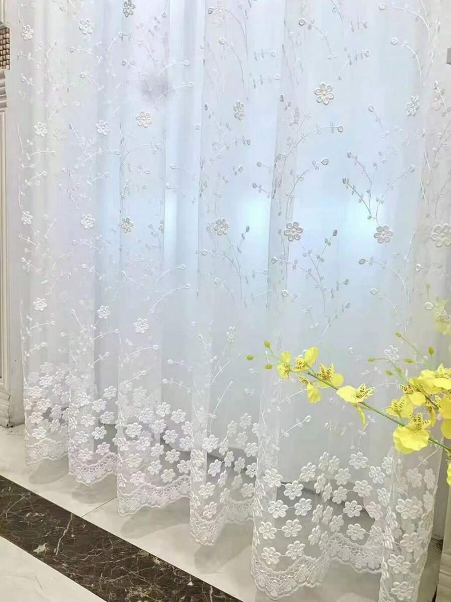 2pcs White French Delicate Sweet Tiny Floral Milk Silk Embroidered Sheer Curtain, Pastoral Style, Suitable For Living Room, Bedroom, Balcony, Office, Home Decor, All Season - White - View 1
