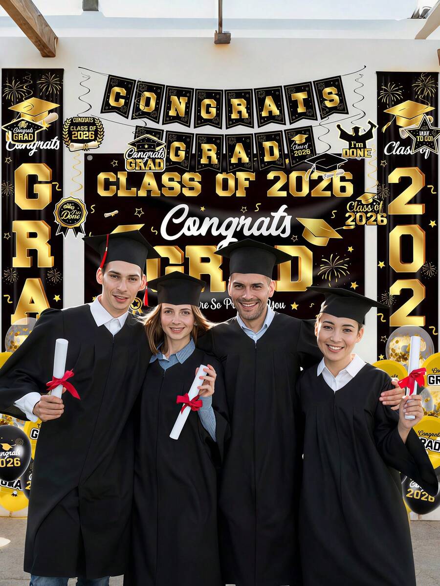 15件套 - 2026毕业季装饰套装：黑金毕业派对装饰，包括毕业祝贺横幅、毕业背景幕布和2026派对用品