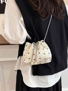1pc White Bow Embossed Mini Bucket Bag, Pearl Chain Drawstring Crossbody Bag, Elegant & Cute Ladies Daily, Date, Party Shoulder Bag - Black - View 4