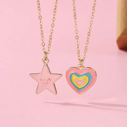 2pcs/Set Kids Cute Cartoon Proud Rainbow Horse, Heart & Star Pendant Necklace Set, Suitable For Daily Wear, Gift, Holiday