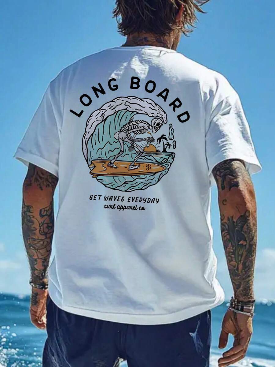 男士休闲沙滩冲浪元素印花短袖T恤，舒适透气，适合夏季穿着 - 白色 - 查看 1