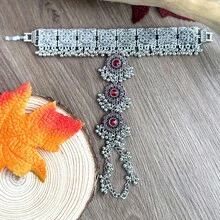 波西米亚风镀银三件套指链：精致镂空设计，点缀水晶，可调节戒指和腕带，适合节日和派对场合，尽显魅力 - 復古銀色 - 查看 6