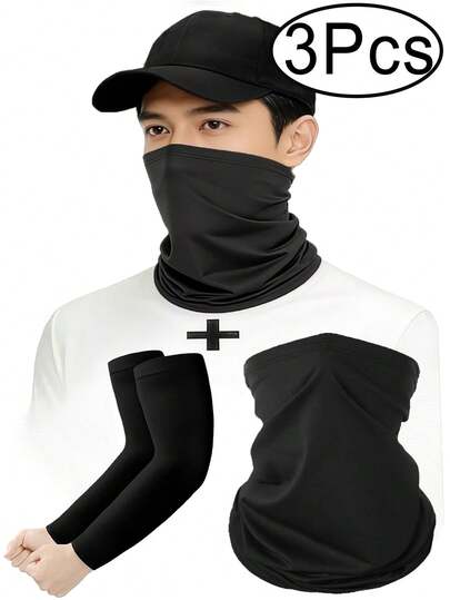 3Pcs/1pcsset Men's Solid Color Windproof Sun Protection Set Polyester Baseball Cap + Neck Gaiter + Arm Sleeves Casual Sports Style For Cycling Skiing Outdoor Daily Essential No Pattern Minimalist Design Lightweight Breathable Quick-Dry UV Protection Anti-UV Windproof Fabric Block Cold Wind Elastic Comfortable Fit Summer Spring Outdoor Sun Protection Gear Cycling Must-Have Sun Sleeves Combo
