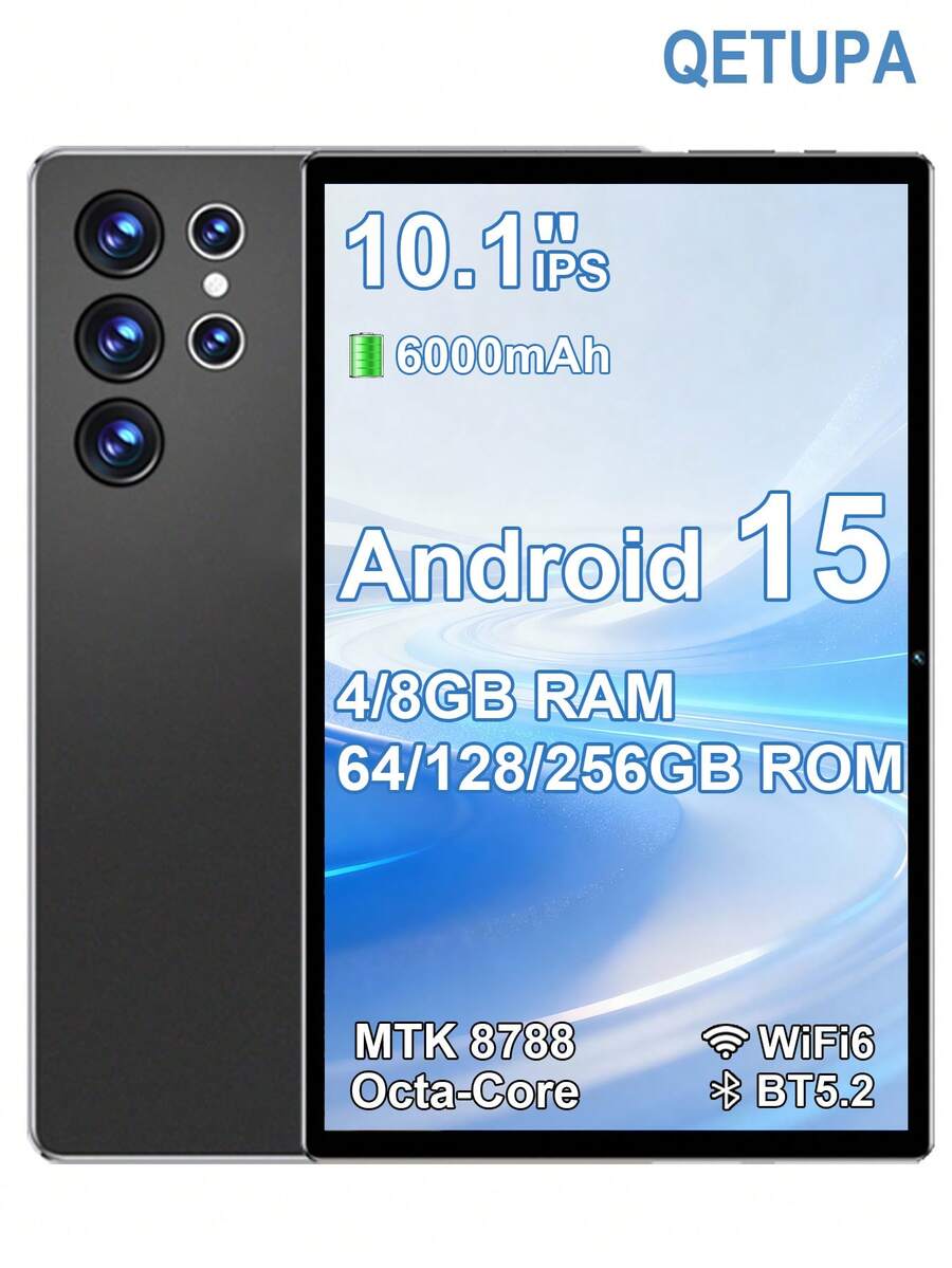 Qetupa Z50 10.1英寸安卓15平板电脑，MTK8788八核2.0GHz处理器，4GB RAM + 64GB ROM或8GB RAM + 128GB/256GB ROM（支持最高1TB SD卡扩展），高清(1280x800) IPS触控屏，500万像素前置摄像头和1300万像素后置摄像头，6000mAh电池，支持802.11ax Wi-Fi 6、蓝牙5.2、GPS和Type-C充电。