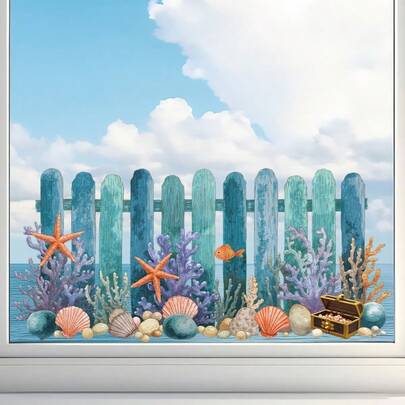 Uma caixa de tesouros rodeada por plantas marinhas, peixes, águas-vivas, conchas, estrelas-do-mar e recifes subaquáticos. Adesivo decorativo para janelas e paredes, ideal para quartos, cozinhas, banheiros, salas de estar e lavabos.