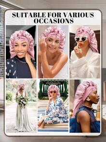 Set de 2 gorros de dormir de satén rosa/negro con cordón, adecuados para cabello largo, trenzas, moños desordenados, cabello rizado, gorro de dormir de satén, gorro de dormir con lazo de satén, para verano, playa, sombrero - Multicolor - Ver 5