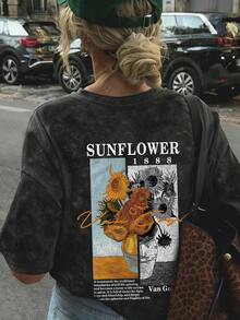 夏季新款極簡時尚油畫向日葵花卉印花休閒圓領紮染短袖T恤百搭女款上衣黑色 - 黑色 - 查看 5