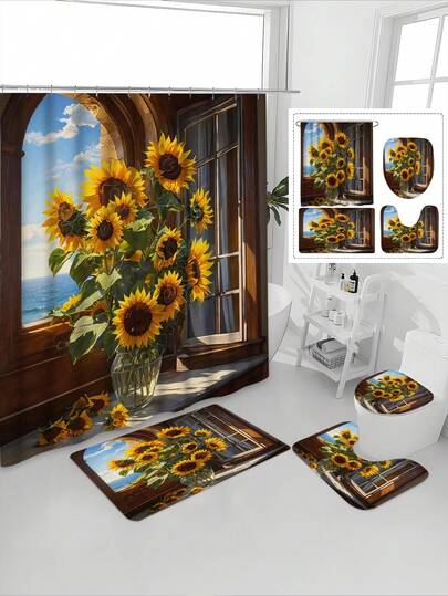 Bộ 1/4 rèm phòng tắm in họa tiết hoa hướng dương, chống thấm nước, tạo cảm giác yên tĩnh và thư thái, chống thấm nước và chống nấm mốc, chất liệu polyester dày dặn, không cần khoan, lắp đặt không cần đục, thảm chống trượt, thảm thấm hút tốt, in kỹ thuật số, chống phai màu, có thể giặt máy, sử dụng được cả bốn mùa, phiên bản giới hạn dịp lễ.