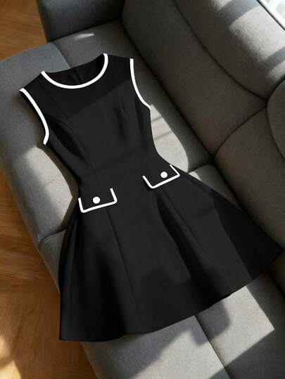 Đầm đen không tay dành cho nữ với viền trắng tương phản - Chân váy chữ A cạp cao, thích hợp cho công sở và mặc thường ngày (Xuân Hè Thu)