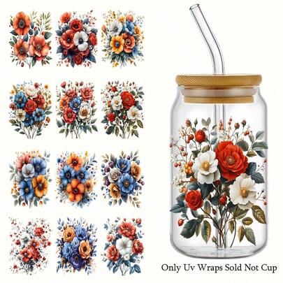 4PCS Watercolor Wildflower UV DTF Transfer Sticker Libbey Glass Cups Boho Flowers DIY Wrap Transfer Sticker For 16oz Glass Cup Waterproof Sticker Bottle Sticker Adhesive Sticker