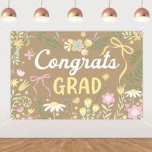 1pc Floral Graduation Banner Backdrop For Women – Congrats Grad Banner With Hand-Drawn Flowers  Boho Botanical Style Graduation Party Decoration Grad Photo Background For College Or High School - Style1 - 查看 1