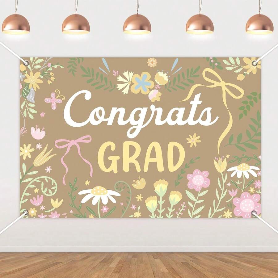 1pc Floral Graduation Banner Backdrop For Women – Congrats Grad Banner With Hand-Drawn Flowers  Boho Botanical Style Graduation Party Decoration Grad Photo Background For College Or High School - Style1 - 查看 1