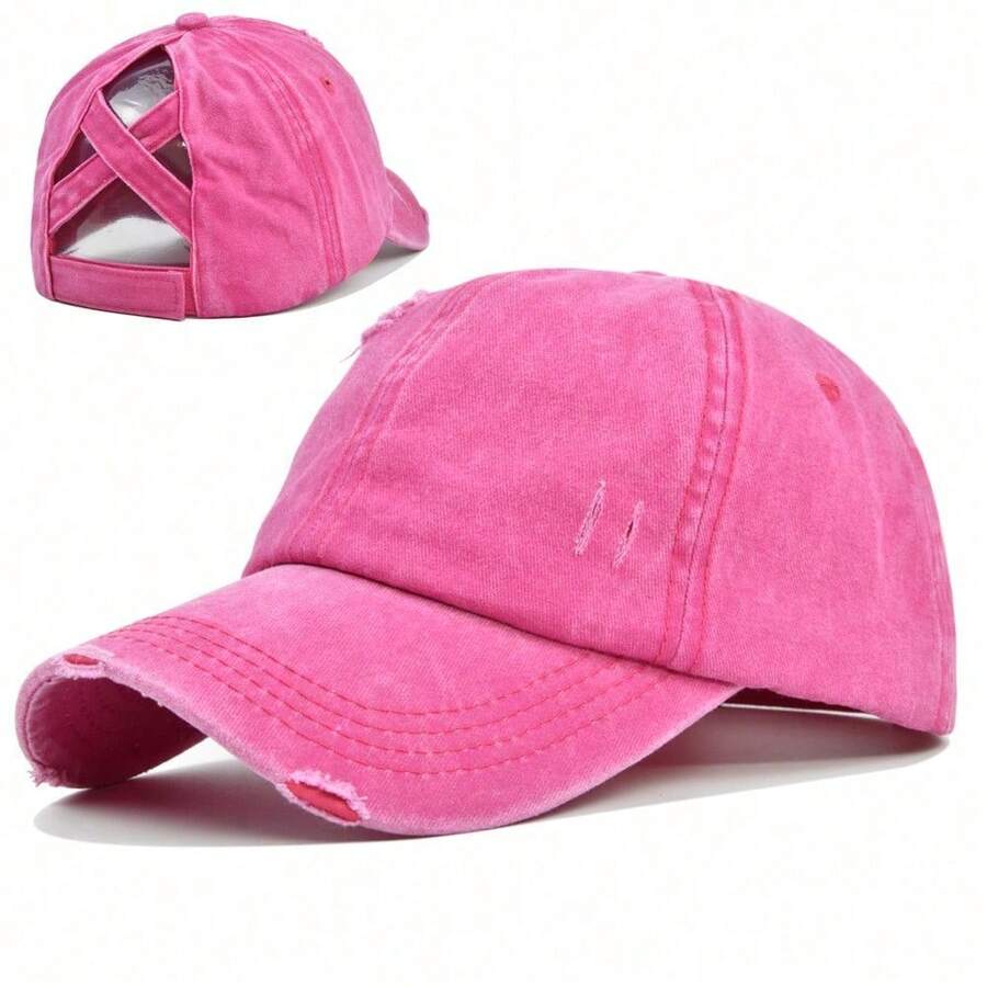1pc Vintage Washed Criss Cross Ponytail Cap For Women | Distressed Denim Baseball Hat With High Bun Hole - A - 查看 1