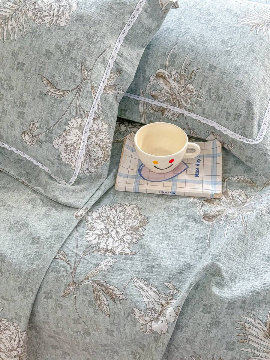 三件套百合茉莉花卉图案床上用品，100% 涤纶面料，彩色高品质床单 + 2 个枕套，柔软透气，适用于卧室、客房、旅行、宿舍，男女通用，可机洗，四季皆宜，现代简约家居装饰