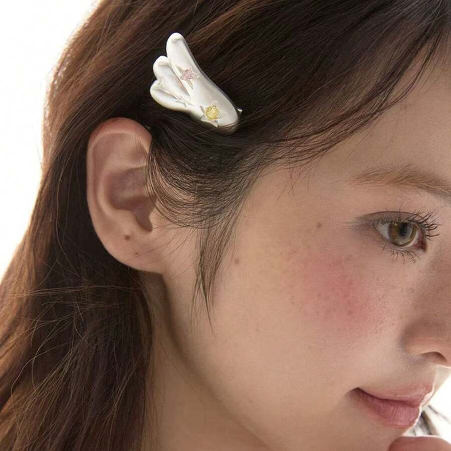1个星形天使翅膀锆石发夹，可爱分层发饰刘海夹 - 白色 - 查看 1