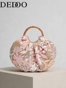 Dedoo 海滨度假包 女士新款刺绣立体贴花亮片花朵粗纺手提包 优雅托特包（图案随机裁剪） - 粉色 - 查看 11