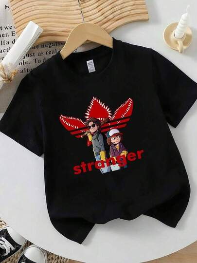 2026 Easter T-Shirts For Men And Women, Fashionable Children's T-Shirt, Crew Neck Knit Top, With A Red Zigzag Print On The Front, A Cartoon Adventure Motif And The Word "Stranger". This Vintage Dark Aesthetic Perfectly Captures Children's Love Of Fantasy And Cool Styles. Graphic T-Shirts For Young Girls And Boys, Sizes 2-10 Years, S-XXXL, Clothing For Teenage Boys, Men's Clothing, Women's Tops, Perfect Gift For Back To School, Easter Or Mother's Day, Can Be Mixed And Matched With Parent-Child Outfits.