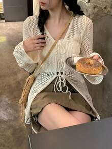 Korean Design V-Neck Tie Hollow Thin Knit Cardigan - Apricot - View 4