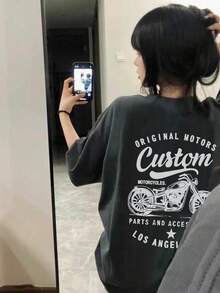Women's Casual Loose Fit Round Neck Letter & Motorcycle Graphic Print Short Sleeve T-Shirt, Versatile For Spring/Summer - Dark Grey - View 4