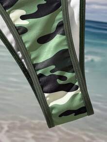 2026 女士粉色迷彩印花性感比基尼上衣，可调节侧系带三角泳裤套装，适合海滩度假 - 軍綠色 - 查看 2