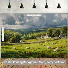 2D Flat 1Piece Large Pastoral Sheep Scenery  Suitable Naturalthemed Backdrops, Featuring Sheep Grazing And Rural Pastoral Scenery, Green Field Fabric Decorations, Weddings, Spring Parties, Farmhouse Photography Backdrops, Indoor/Outdoor Events - Nhiều màu - Xem 1