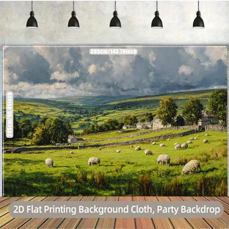 2D Flat 1Piece Large Pastoral Sheep Scenery Suitable Naturalthemed Backdrops, Featuring Sheep Grazing And Rural Pastoral Scenery, Green Field Fabric Decorations, Weddings, Spring Parties, Farmhouse Photography Backdrops, Indoor/Outdoor Events - Nhiều màu - Xem 1