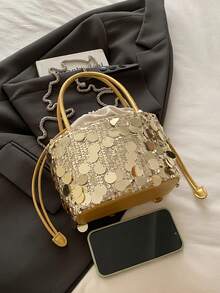 时尚休闲亮片水桶包，复古优雅单肩斜挎包 - 金色 - 查看 9