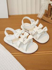女童白色蝴蝶结公主凉鞋，软底防滑儿童夏季凉鞋 - 米色 - 查看 2