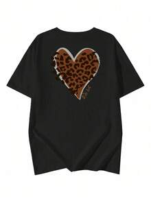 Vintage Women's Crew Neck T-Shirt, Loose Fit, Heart Leopard Print Letter Graphic, Short Sleeve, White, For Spring/Summer - 黑色 - 查看 4