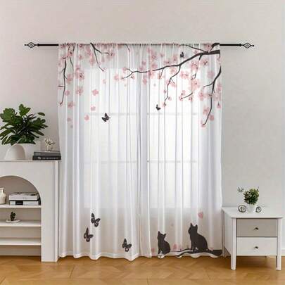 2pcs Sheer Curtains Adorned With Pink Cherry Blossom Branches, Black Cats, And Butterfly Patterns; Semi-Transparent Light-Filtering Rod Pocket Curtains Suitable For Living Rooms, Bedrooms, And Dining Rooms; Rod-Operated.