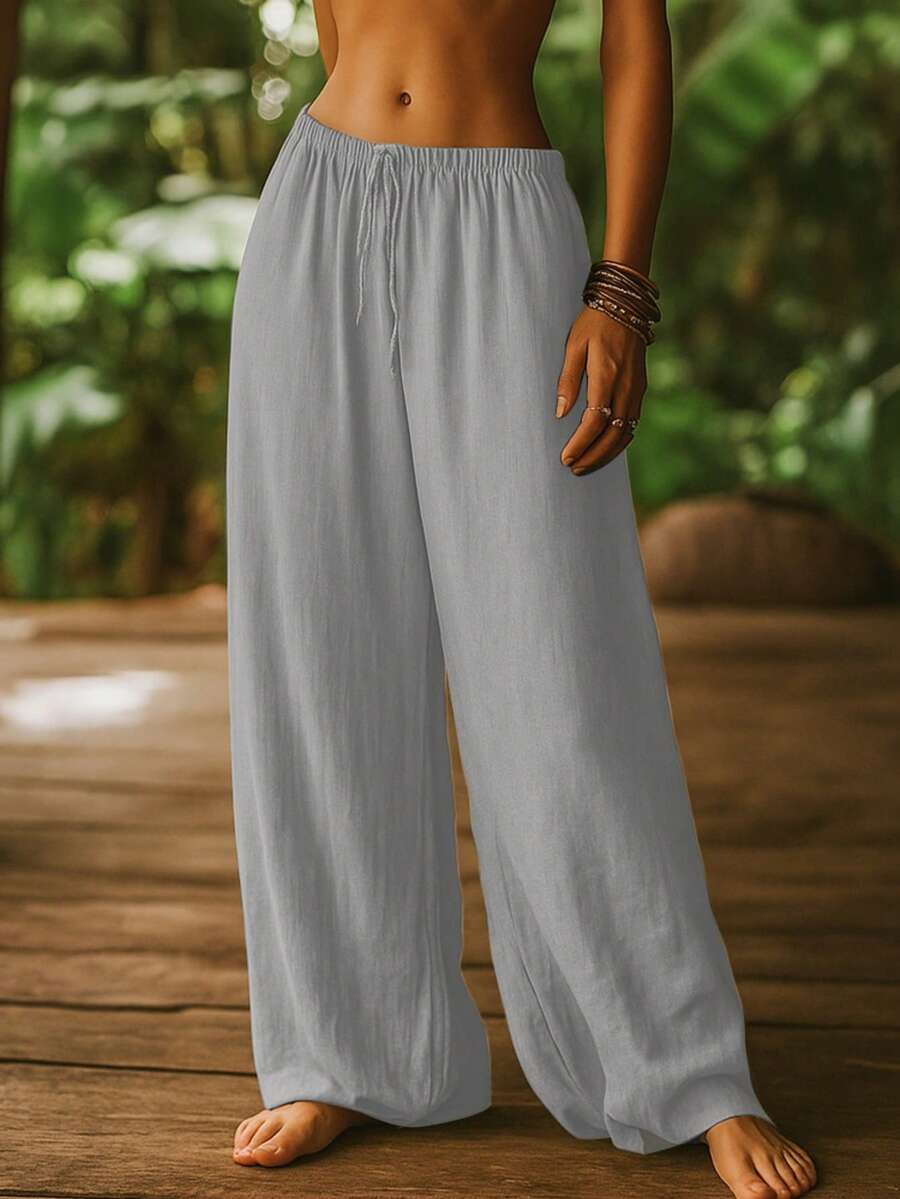 女士亚麻宽松纯色弹力腰抽绳直筒休闲裤，灰色，夏季日常穿着 - 灰色 - 查看 1