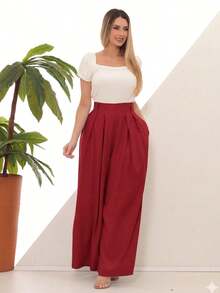 Women's Wide Leg High Waist Wide Leg Pants - Merah ceri - View 5
