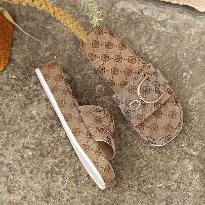 1 Pair Elegant Solid Color Fashion Fabric & Metal Chain Flat Slide Sandals, Suitable For Outdoor Wear In Spring And Autumn