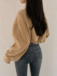 Women's Camel Short Jacket, Vintage Casual Utility Style Top, Drawstring Adjustable Hem, Suitable For Spring & Autumn - Camel - View 4