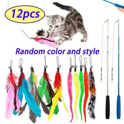 12个随机颜色和款式的毛绒逗猫棒，宠物猫玩具