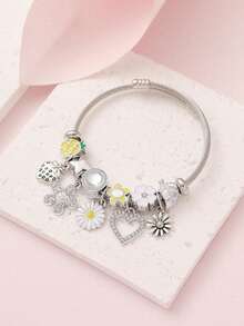 1 chiếc vòng tay bằng thép không gỉ đính hạt hình cú mèo, hoa cúc, nơ, bọ rùa và trái tim dễ thương, vòng tay DIY hình trái tim và ngôi sao sáng tạo, phù hợp cho nữ, dự tiệc, đeo hàng ngày, quà tặng ngày lễ. - Nhiều màu - Xem 6