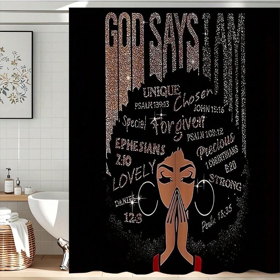 1/4 件套图案浴帘套装，涤纶浴帘配 12 个挂钩，防滑垫，U 型马桶垫，马桶盖套，71x71 英寸